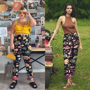 FARM RIO Tropical Fish Print Crepe Beaded Drawstring Embroidered Stripe Pants XS